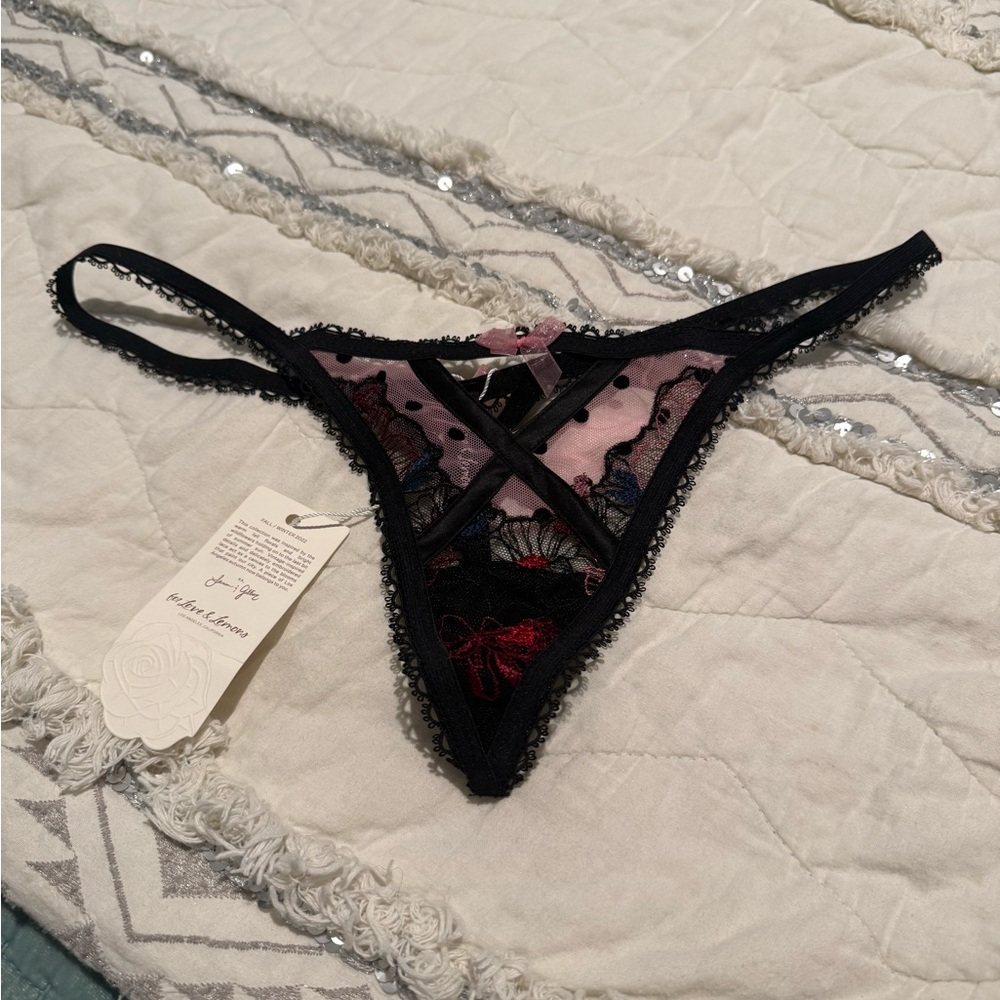 For Love & Lemons Black and Pink Embroidered Lace Thong
